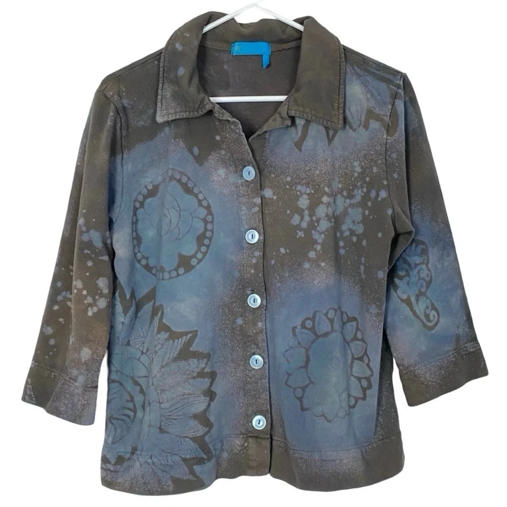 Handmade Stencil Tie Dye Jacket Womens Medium Tan Blue 3/4 Sleeve Cotton Knit